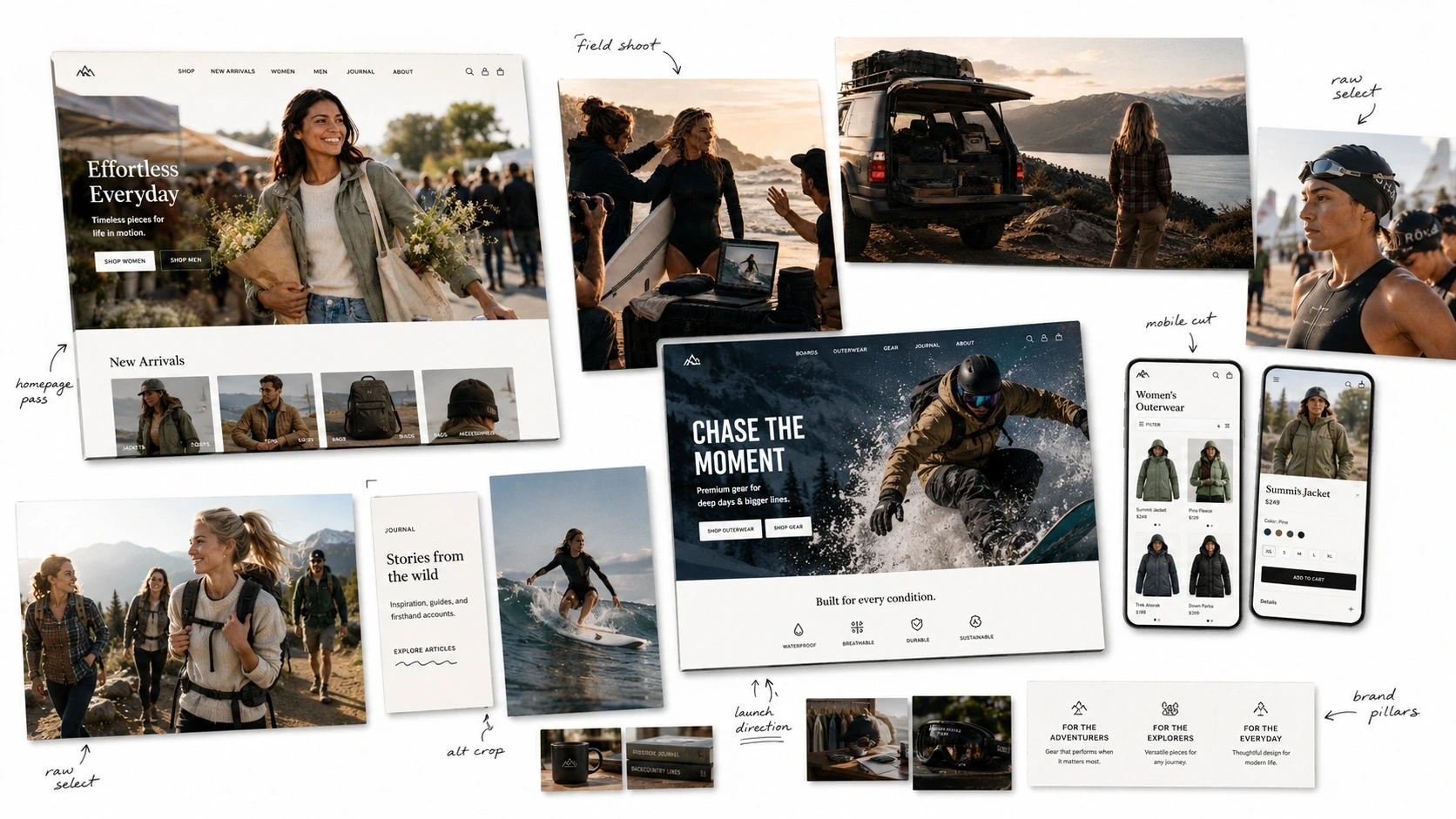 Rush project storyboard showing raw field imagery, site concepts, mobile layouts, and campaign direction