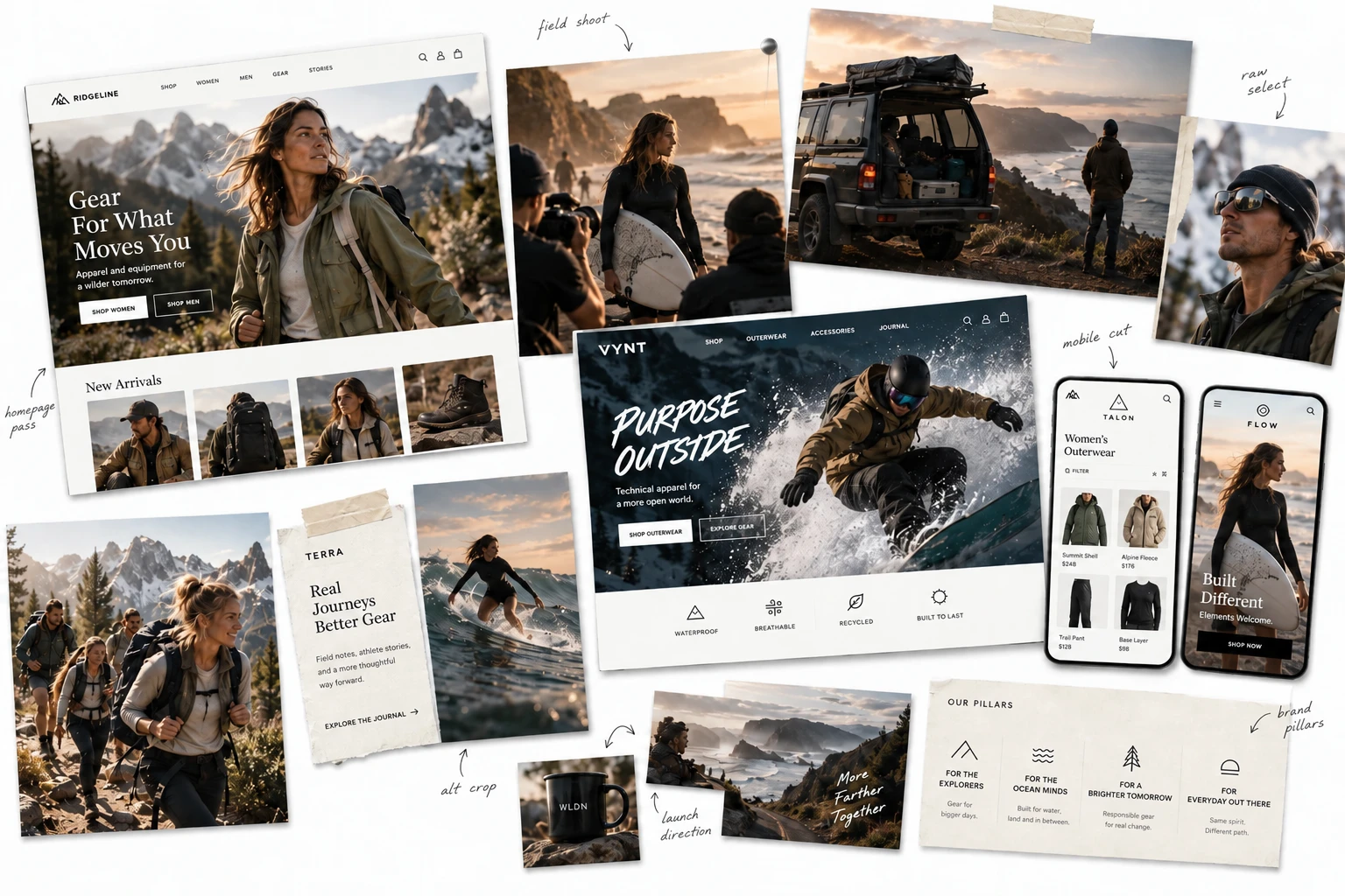Rush project storyboard showing raw field imagery, site concepts, mobile layouts, and campaign direction